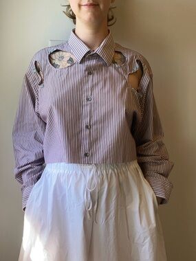 REWORKED men’s shirt cut outs with burgundy striped in size XL